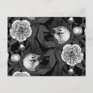 Vogels en pioenbloemen monochroom, grijs briefkaart