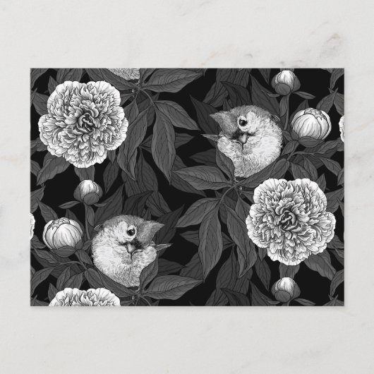 Vogels en pioenbloemen monochroom, grijs briefkaart (Voorkant)