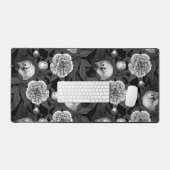 Vogels en pioenbloemen monochroom, grijs bureaumat (Keyboard & Muis)