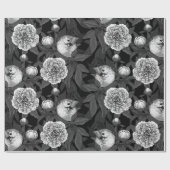 Vogels en pioenbloemen monochroom, grijs cadeaupapier (Vlak)