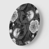 Vogels en pioenbloemen monochroom, grijs grote klok (Hoek)