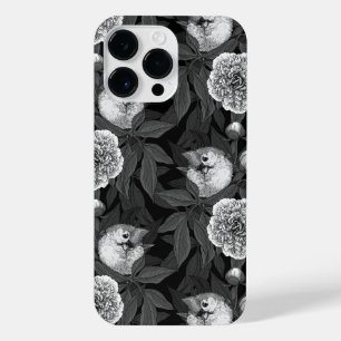 Vogels en pioenbloemen monochroom, grijs iPhone 14 pro max hoesje