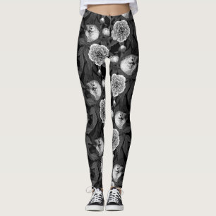 Vogels en pioenbloemen monochroom, grijs leggings