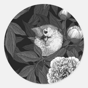 Vogels en pioenbloemen monochroom, grijs ronde sticker