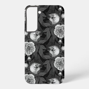 Vogels en pioenbloemen monochroom, grijs samsung galaxy hoesje
