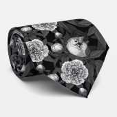 Vogels en pioenbloemen monochroom, grijs stropdas (Opgerold)