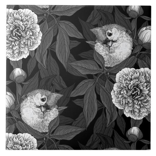Vogels en pioenbloemen monochroom, grijs tegeltje (Voorkant)