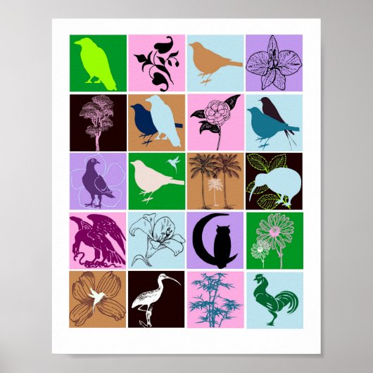 Vogels en Planten Silhouette Animal Collage Art Poster (Voorkant)