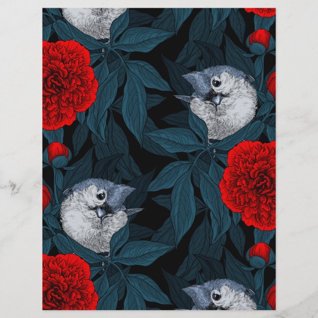 Vogels en rode pioenbloemen met blauwe bladeren (Voorkant)