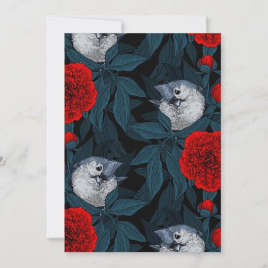 Vogels en rode pioenbloemen met blauwe bladeren (Voorkant)