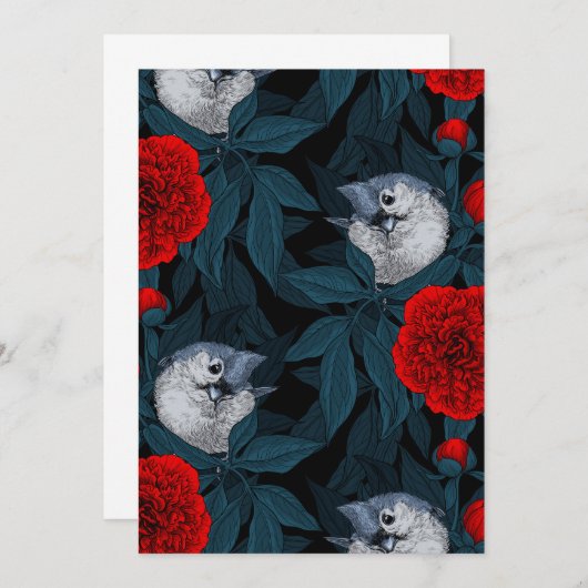 Vogels en rode pioenbloemen met blauwe bladeren (Voorkant / Achterkant)