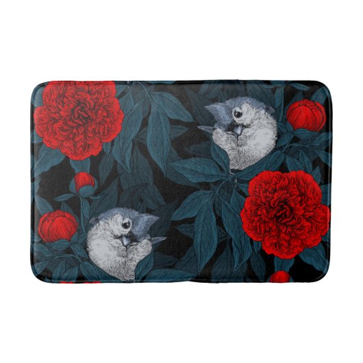 Vogels en rode pioenbloemen met blauwe bladeren badmat (Voorkant)