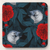 Vogels en rode pioenbloemen met blauwe bladeren bier onderzetter (Voorkant)