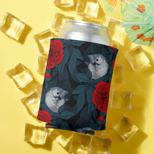 Vogels en rode pioenbloemen met blauwe bladeren blikjeskoeler (Insitu Zomer)