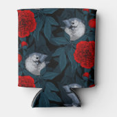 Vogels en rode pioenbloemen met blauwe bladeren blikjeskoeler (Voorkant)