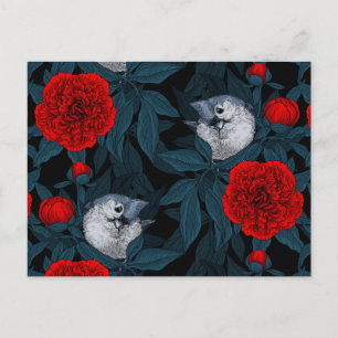 Vogels en rode pioenbloemen met blauwe bladeren briefkaart