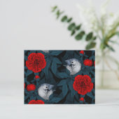 Vogels en rode pioenbloemen met blauwe bladeren briefkaart (Staand voorkant)