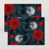 Vogels en rode pioenbloemen met blauwe bladeren briefkaart (Voorkant / Achterkant)