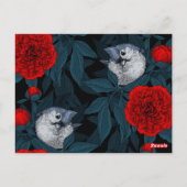Vogels en rode pioenbloemen met blauwe bladeren briefkaart (Achterkant)