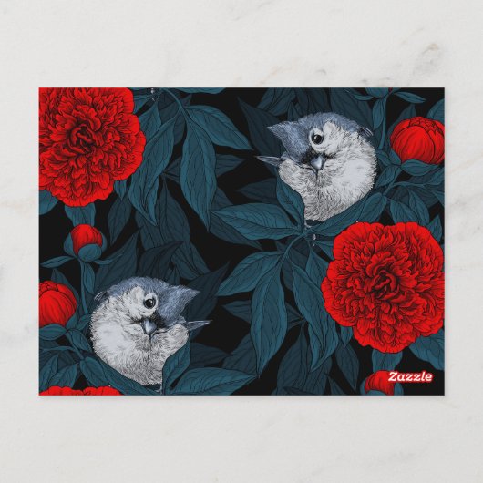 Vogels en rode pioenbloemen met blauwe bladeren briefkaart (Achterkant)