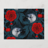 Vogels en rode pioenbloemen met blauwe bladeren briefkaart (Voorkant)