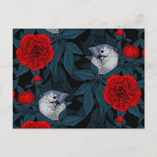 Vogels en rode pioenbloemen met blauwe bladeren briefkaart (Voorkant)