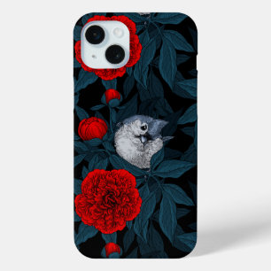 Vogels en rode pioenbloemen met blauwe bladeren iPhone 15 mini hoesje