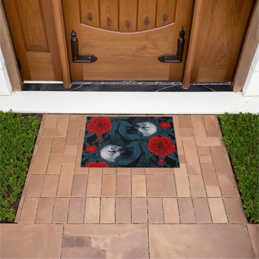 Vogels en rode pioenbloemen met blauwe bladeren deurmat (Buiten)