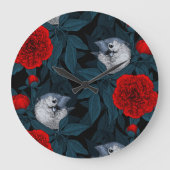 Vogels en rode pioenbloemen met blauwe bladeren grote klok (Voorkant)