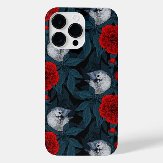 Vogels en rode pioenbloemen met blauwe bladeren iPhone hoesje (Achterkant)