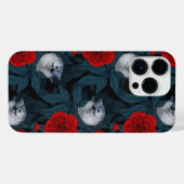 Vogels en rode pioenbloemen met blauwe bladeren iPhone hoesje (Achterkant horizontaal)