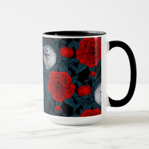 Vogels en rode pioenbloemen met blauwe bladeren mok