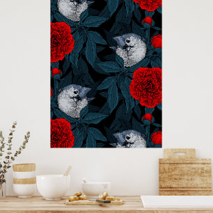 Vogels en rode pioenbloemen met blauwe bladeren poster