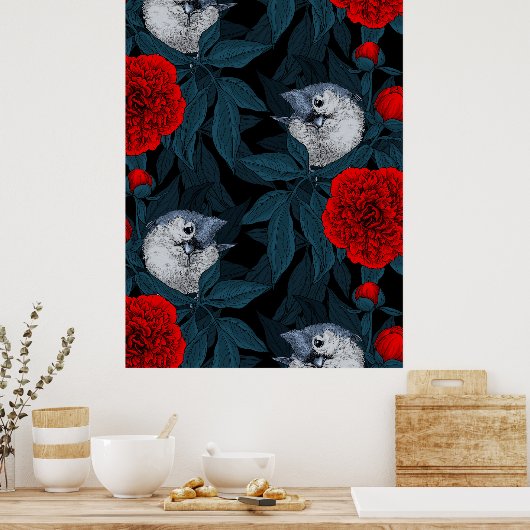 Vogels en rode pioenbloemen met blauwe bladeren poster (Keuken)