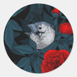 Vogels en rode pioenbloemen met blauwe bladeren ronde sticker