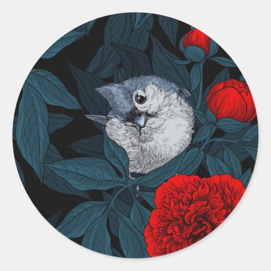 Vogels en rode pioenbloemen met blauwe bladeren ronde sticker (Voorkant)
