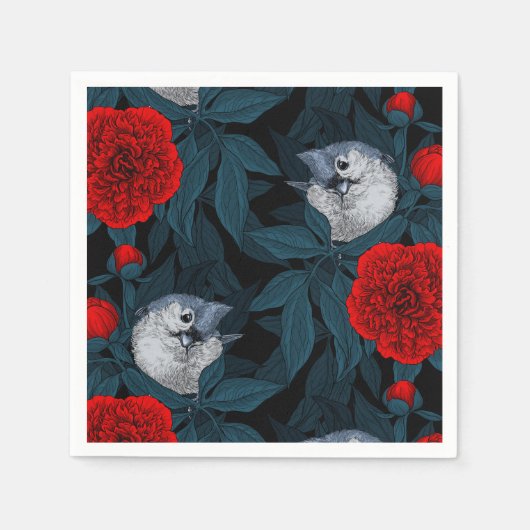 Vogels en rode pioenbloemen met blauwe bladeren servet (Voorkant)