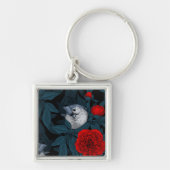 Vogels en rode pioenbloemen met blauwe bladeren sleutelhanger (Voorkant)