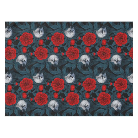 Vogels en rode pioenbloemen met blauwe bladeren tafelkleed (Voorkant (Horizontaal))
