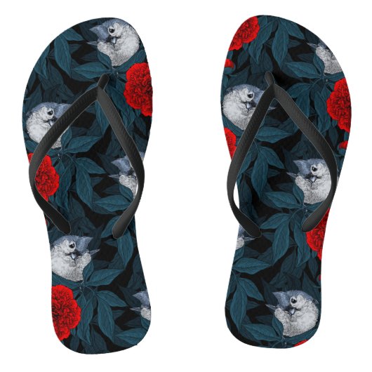 Vogels en rode pioenbloemen met blauwe bladeren teenslippers (Voetbed)