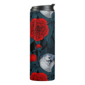 Vogels en rode pioenbloemen met blauwe bladeren thermosbeker (Gedraaid links)