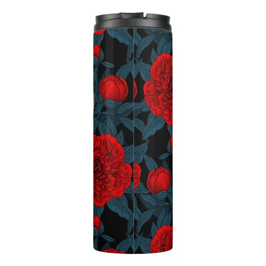 Vogels en rode pioenbloemen met blauwe bladeren thermosbeker (Achterkant)