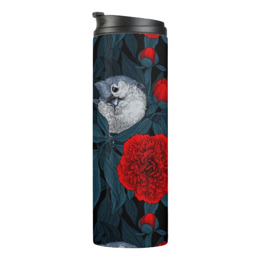 Vogels en rode pioenbloemen met blauwe bladeren thermosbeker (Geroteerd rechts)