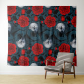 Vogels en rode pioenbloemen met blauwe bladeren wandkleed (In Situ (horizontaal))