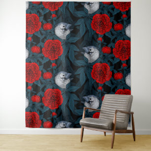 Vogels en rode pioenbloemen met blauwe bladeren wandkleed