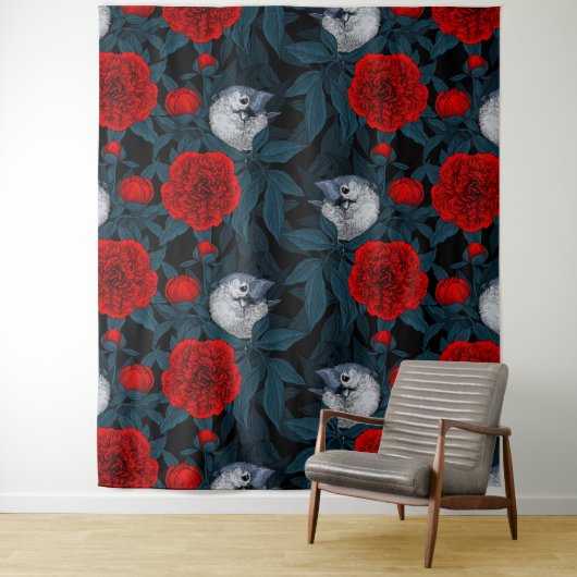 Vogels en rode pioenbloemen met blauwe bladeren wandkleed (In situ)
