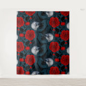 Vogels en rode pioenbloemen met blauwe bladeren wandkleed (Voorkant)