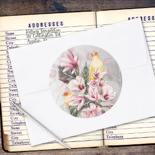 Vogels en Roze Magnolia Bloesems Ronde Sticker