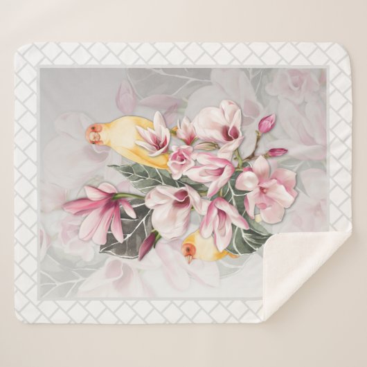 Vogels en Roze Magnolia Bloesems Sherpa Deken (Voorkant (horizontaal))