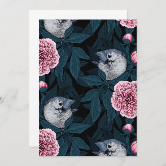 Vogels en roze pioenbloemen met bladeren (Voorkant / Achterkant)
